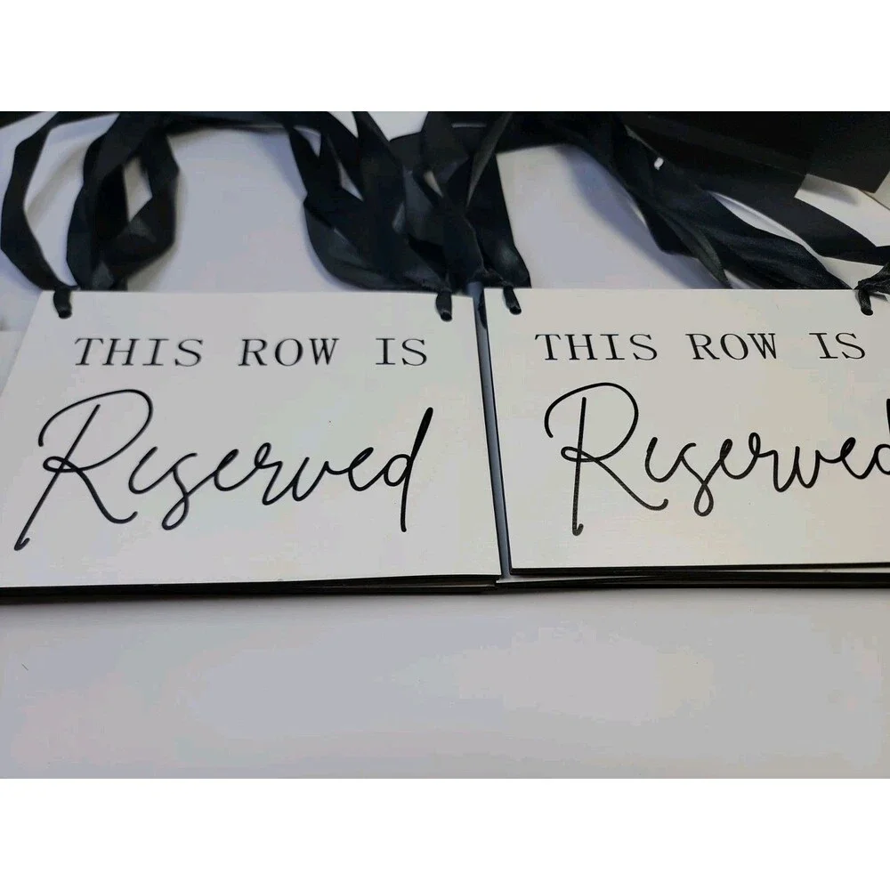 Set of 12 Reserved Wedding Signs Black White Ribbon Chair Row And 2 Tabletop